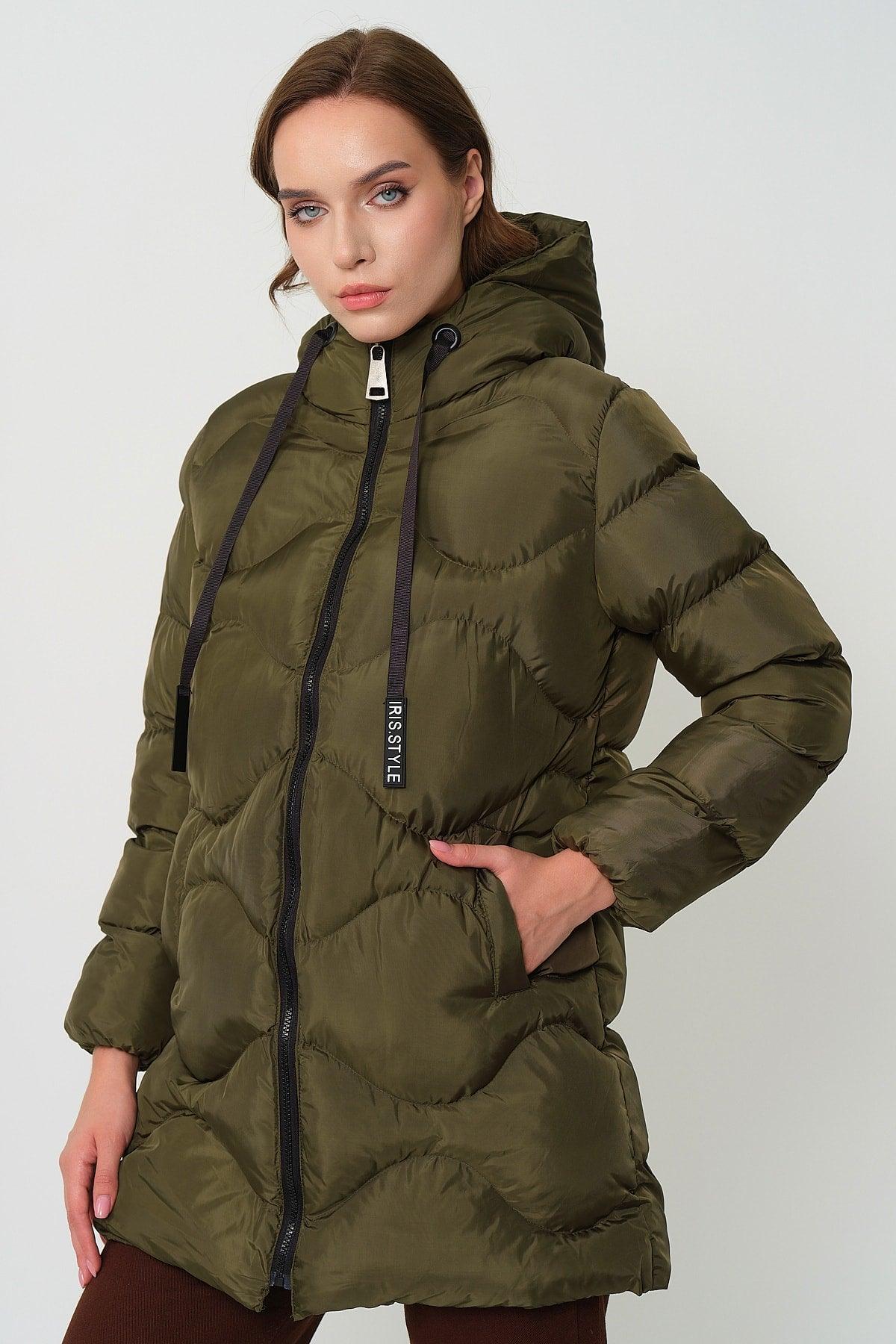 Women's Khaki Hooded Cord Detailed Inflatable Coat - Swordslife