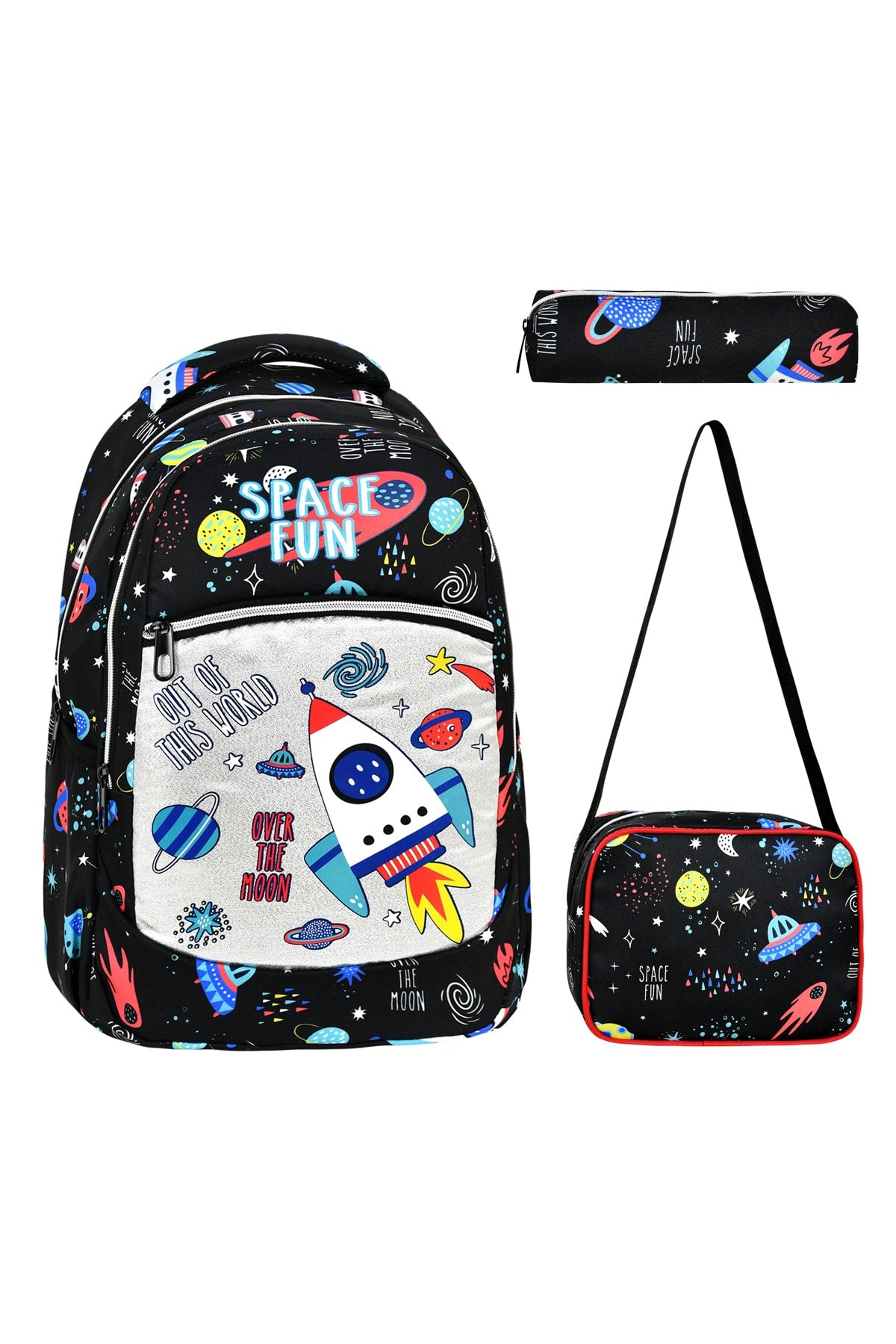 3-Pack Elementary School Space Patterned, Waterproof School Bag With Food And Pencil Holder For Boys