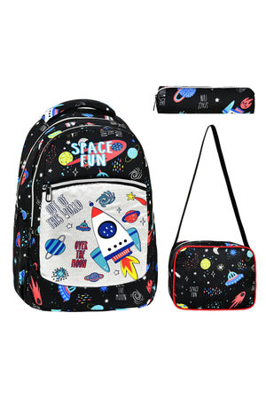 3-Pack Elementary School Space Patterned, Waterproof School Bag With Food And Pencil Holder For Boys