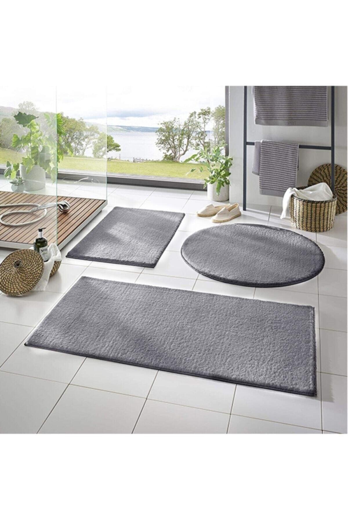 Xxl Large Size Post Plush Bath Mat Triple Set Gray Color Non-Slip Base Washable - Swordslife