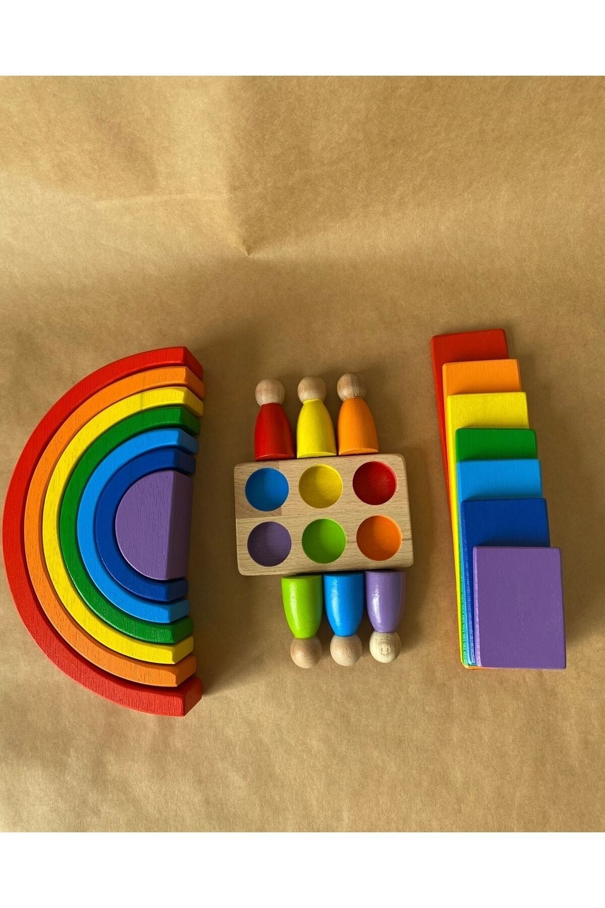 7 Pcs Waldorf Rainbow, Rectangular Flat Table Set And 6 Pcs Human Figures Play Set