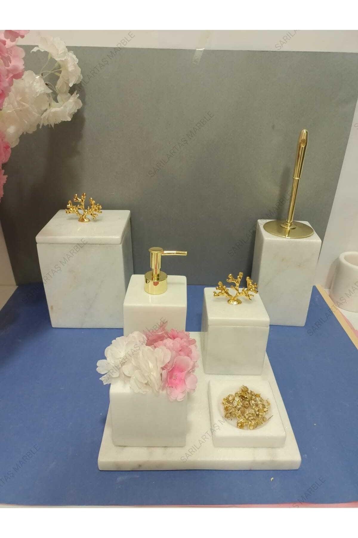 White Square Marble Bathroom Set With Coral Accessory - Swordslife