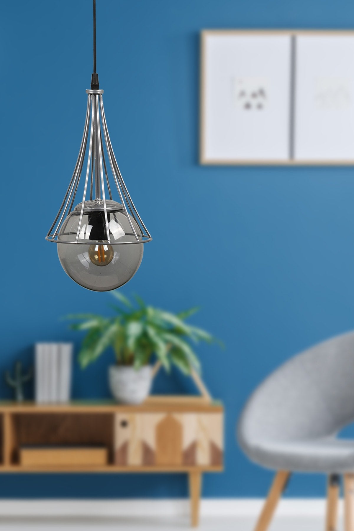 Lapis Single Chandelier Chrome-Smoked Glop Glass