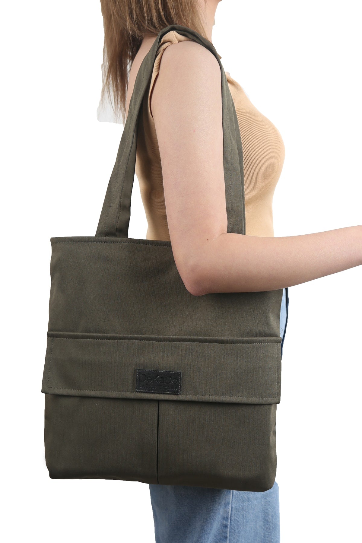 Women'S Khaki Bag Zippered Hand And Shoulder Bag Canvas Fabric Tote Bag