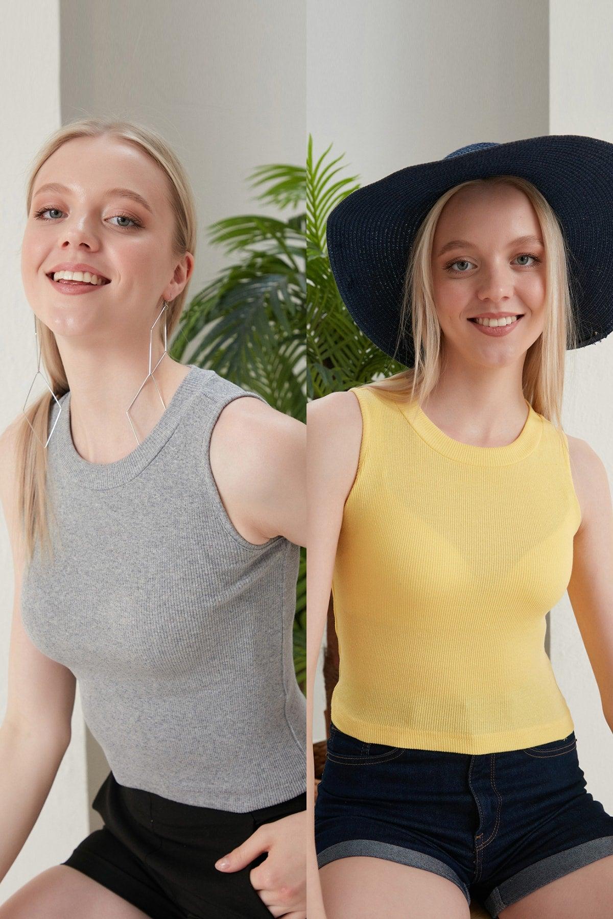 Women's Yellow Gray Halter Neck Corduroy 2-Pack Crop Top - Swordslife