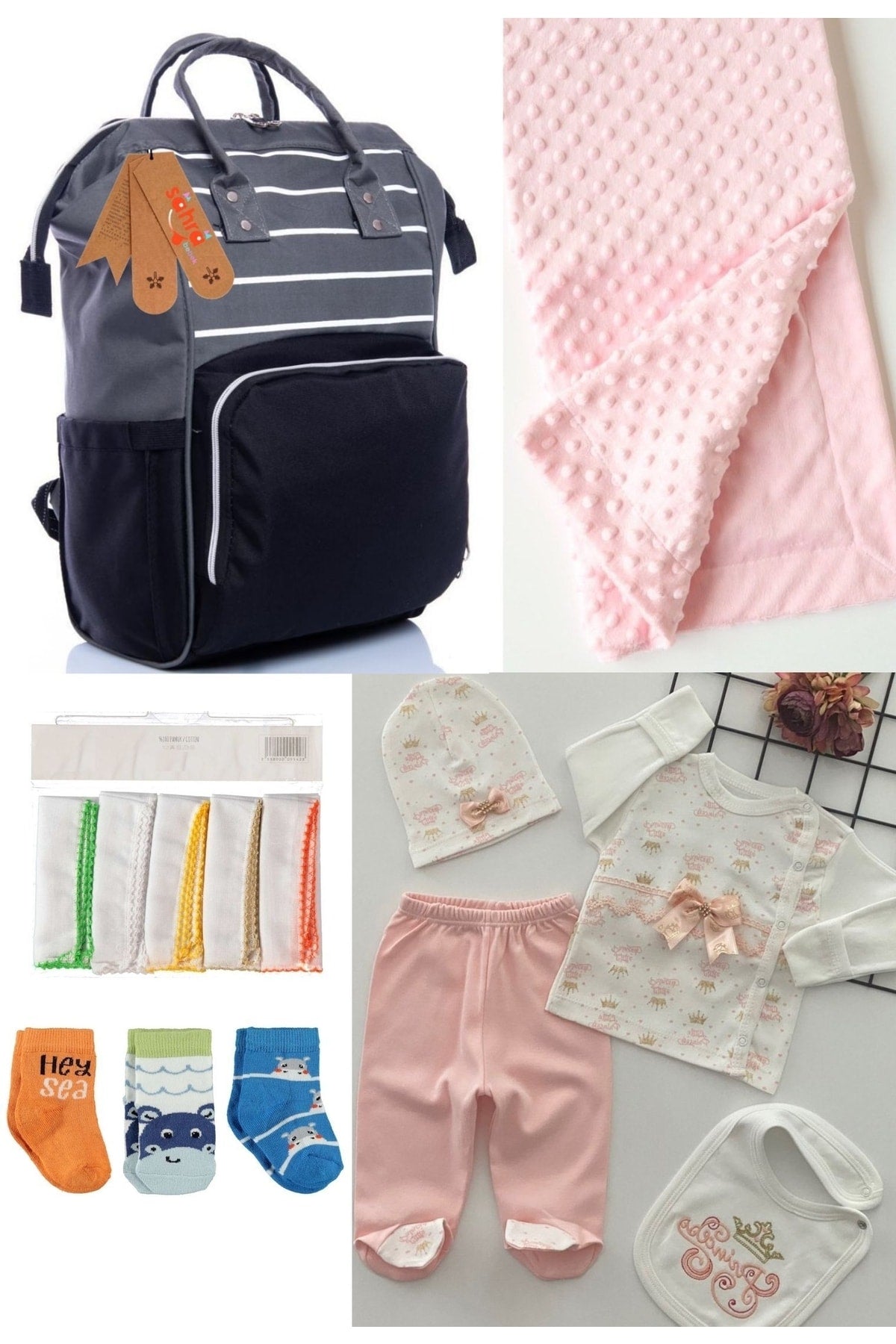 5 Piece Maternity Set (Baby Care Backpack, Hospital Exit, Chickpea Blanket, 10 Wipes and 3 Socks)