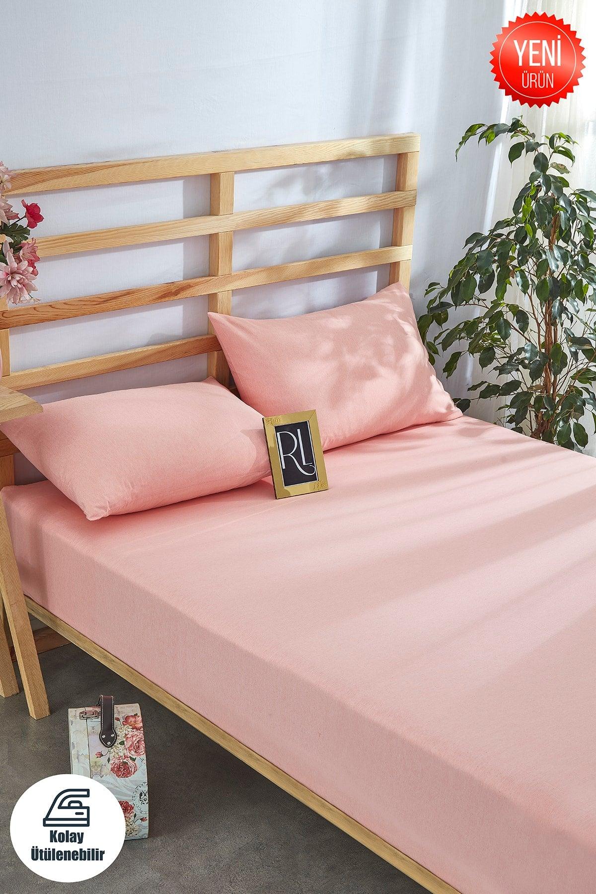 Salmon Elastic Bed Sheet Set Solid Color Cotton-Pillow Covered Single-Double-Duvet Cover - Swordslife