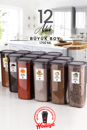 Set Of 12 Jumbo Size Square Food Storage Containers With Label 1750 Ml - Hard Lid Large Jar