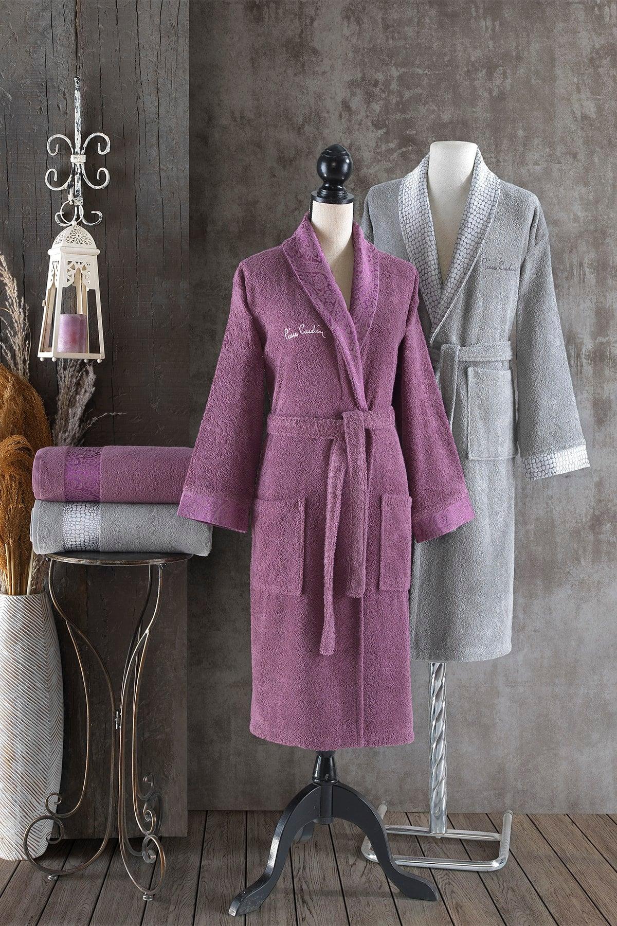 Damask Jacquard 4 Piece Family Bathrobe Set Plum - Gray - Swordslife