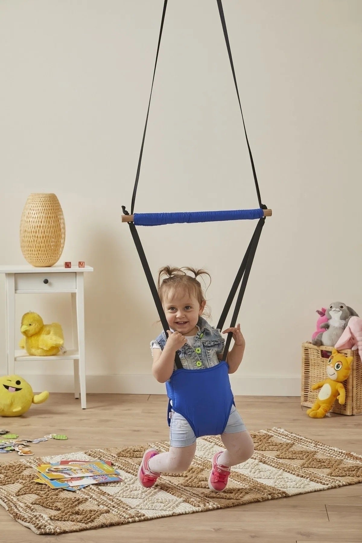 Hoppala Bouncer Kangaroo , Balance Baby Walker With Spring Natural Wood Blue