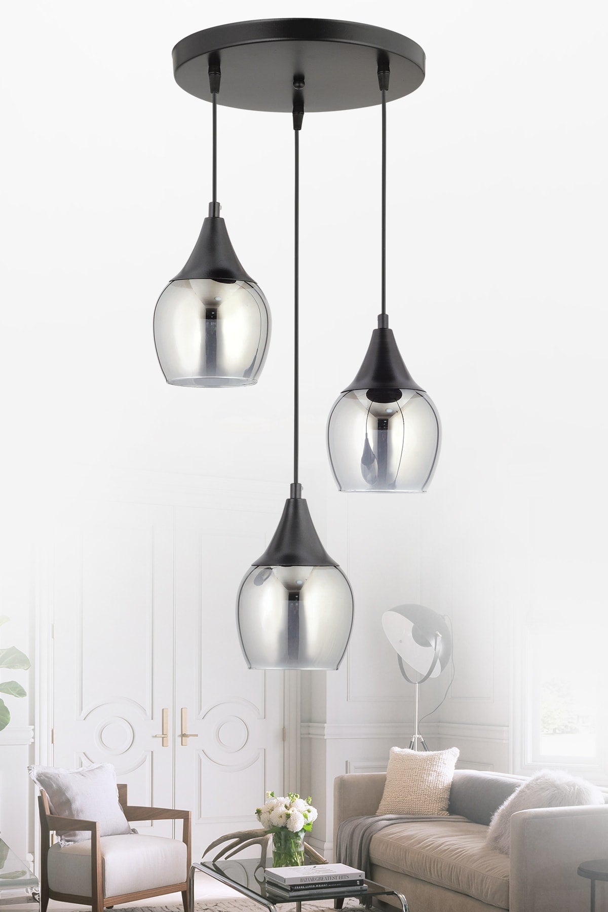 Sante 3-Piece Black Smoked Glass Modern Pendant Lamp Chandelier Living Room Kitchen Room Hallway Chandelier