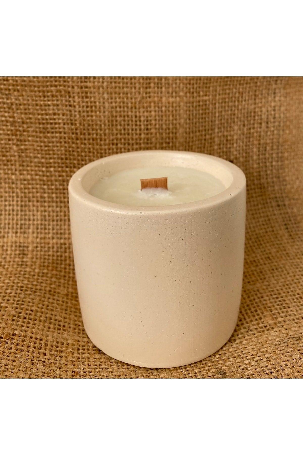 Coconut Scented, Wheat Color Soy Candle with Wood Wick in Decorative Concrete Container - Swordslife