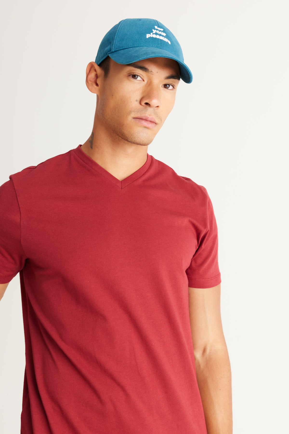 Men's Claret Red Slim Fit Slim Fit V-Neck Cotton V-Neck Short Sleeved T-Shirt