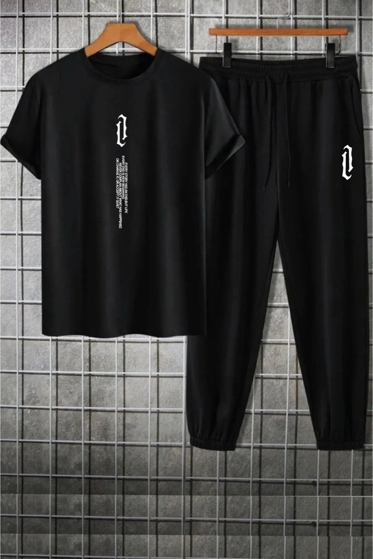 Men'S Black Vertical Oversize Tracksuit T-Shirt Set