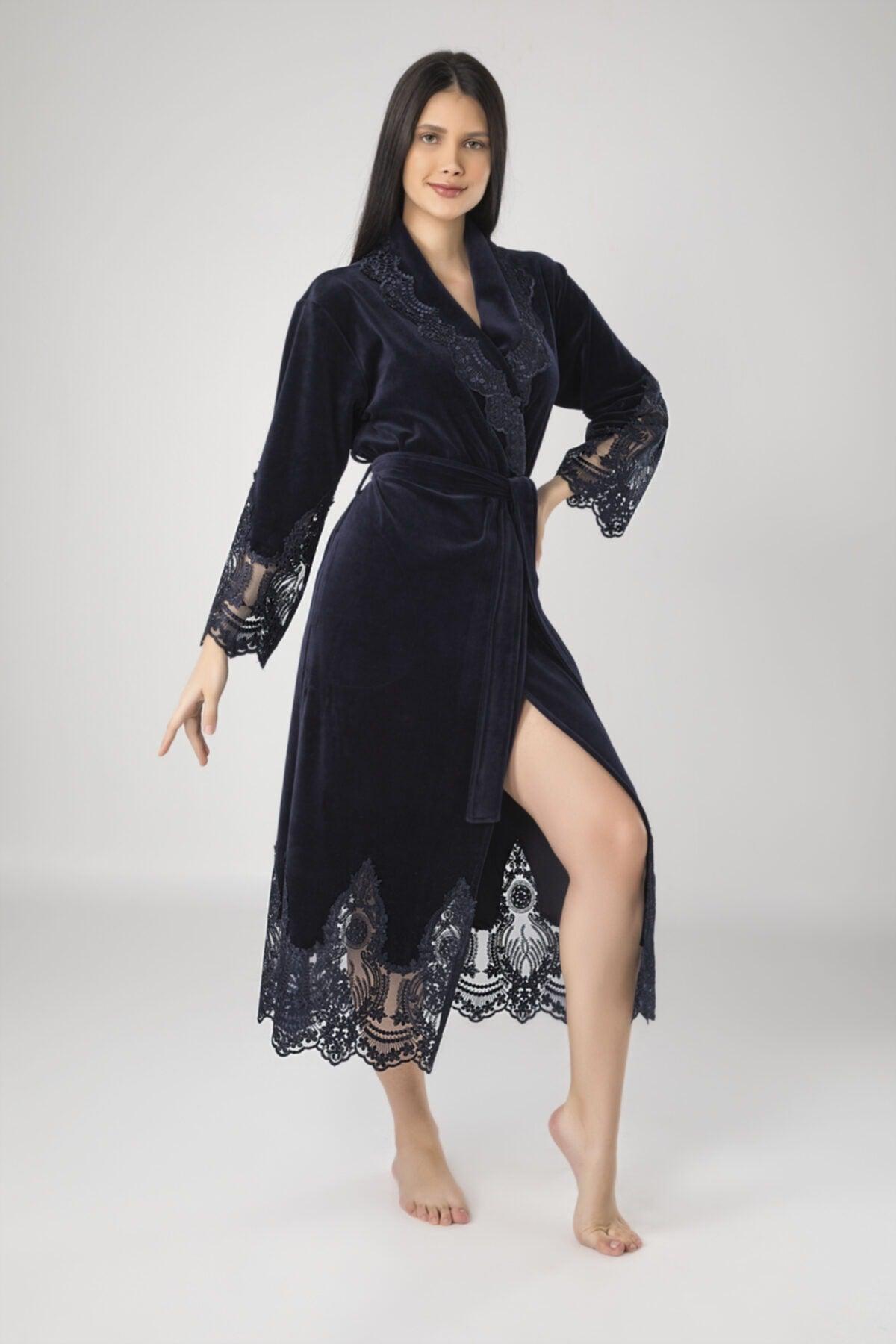 Navy Blue Long Salyaka Lacy Women's Dressing Gown Bathrobe - Swordslife