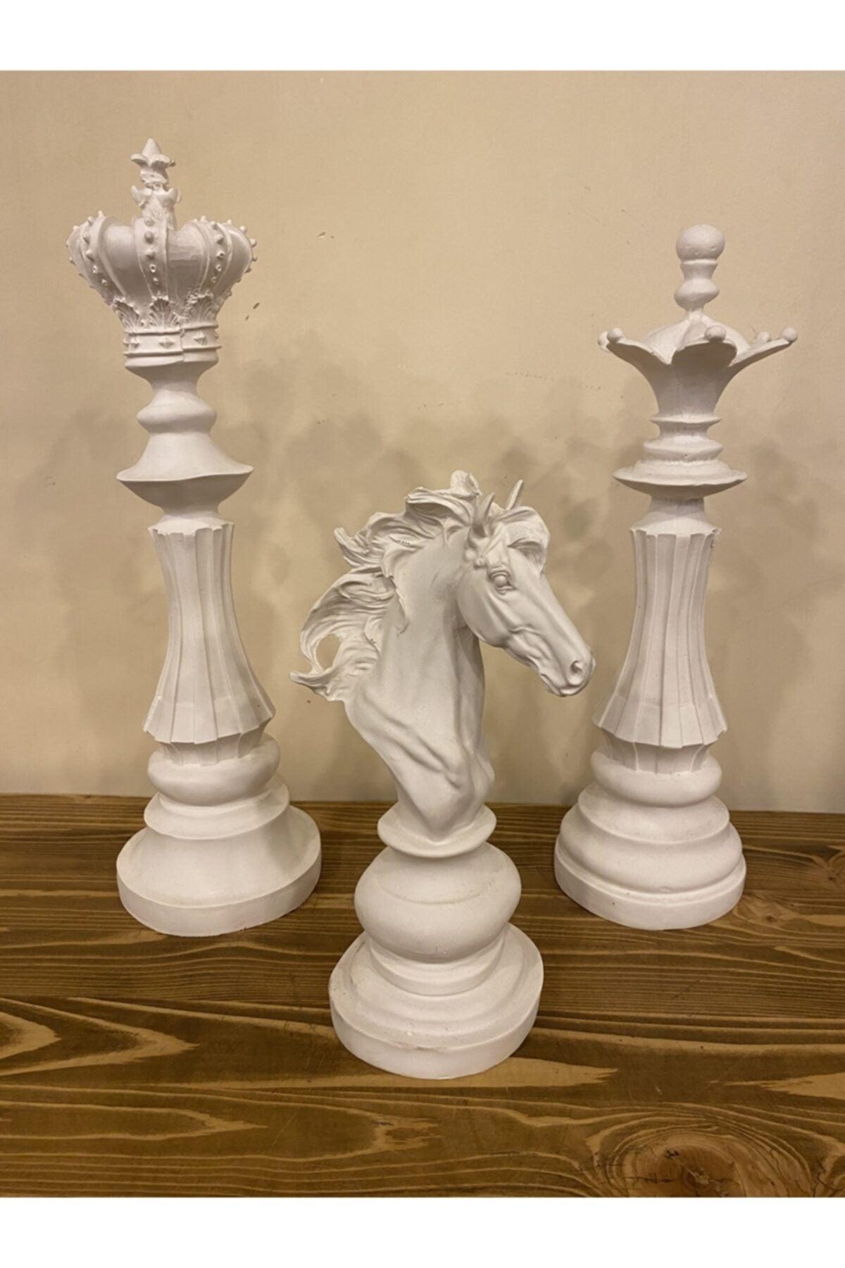 Trio Chess Set Statue King Queen Horse Decorative White Trinket - Swordslife