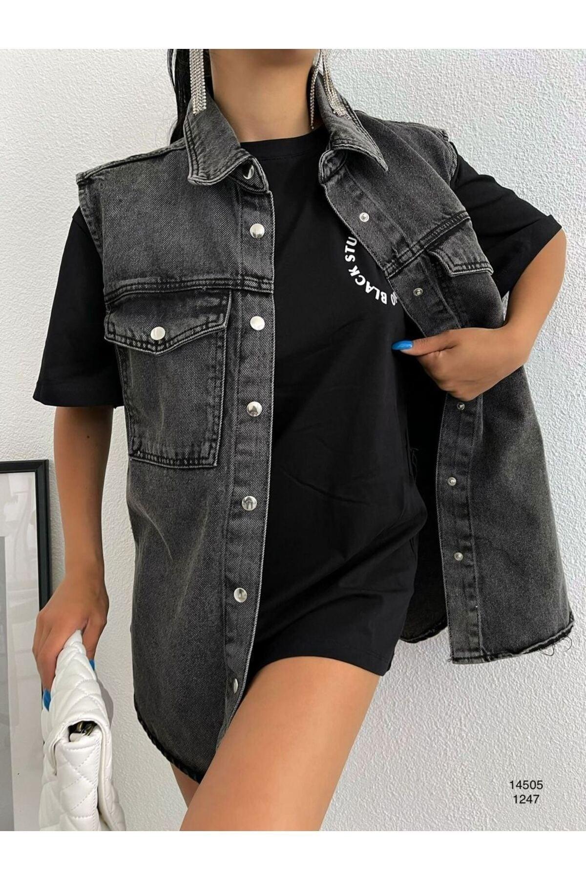 Anthracite Shirt Collar Pocket Detailed 100% Cotton Denim Vest Jacket Ladies-women - Swordslife