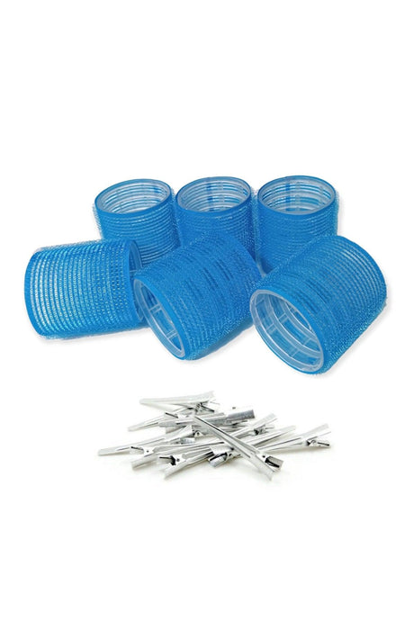 1214 Mega Size Curler 6pcs + Hair Clipper 12pcs Velcro - Adhesive Curler Blue - Swordslife