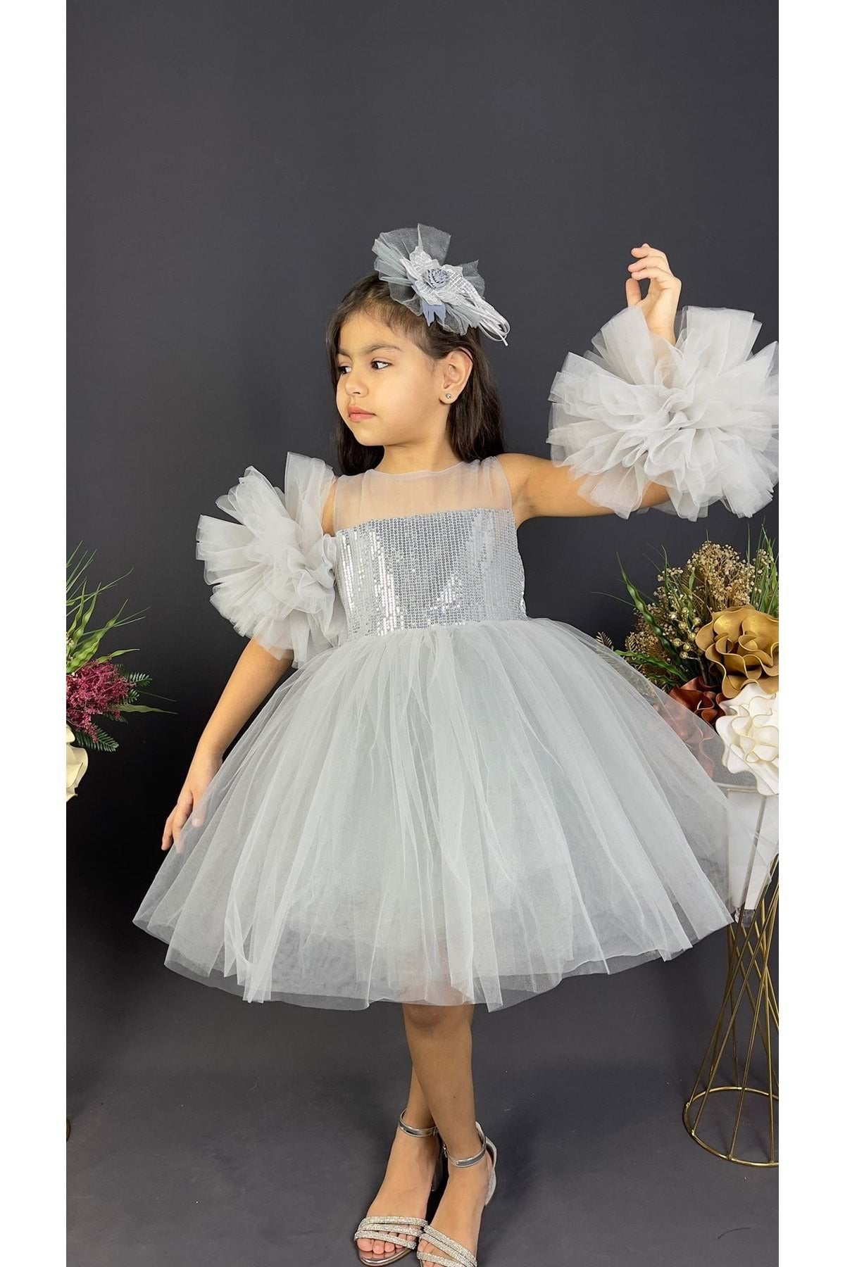 Chiffon Robe Pompom Sleeve Sequined Girls Fluffy Skirt Tulle Evening Dress Gray