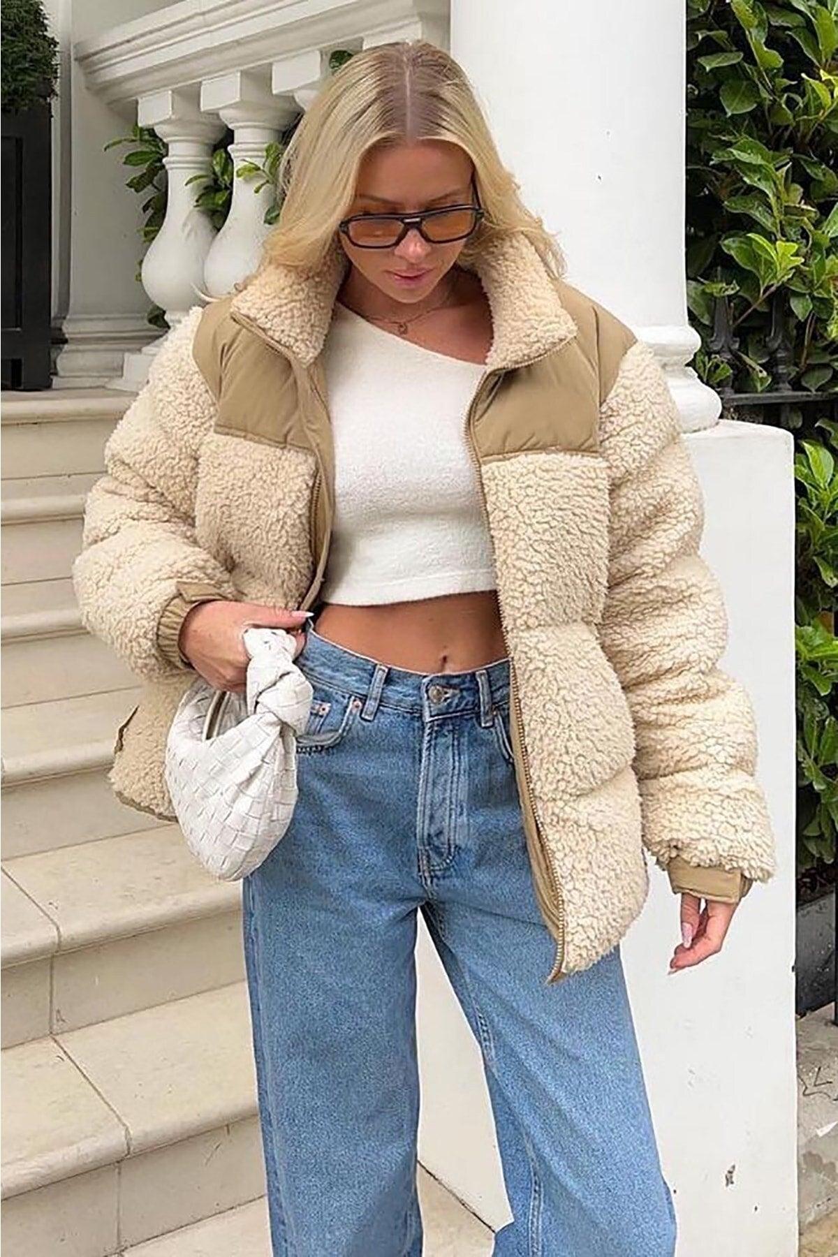 Beige Plush Oversize Coat Mg1371 - Swordslife