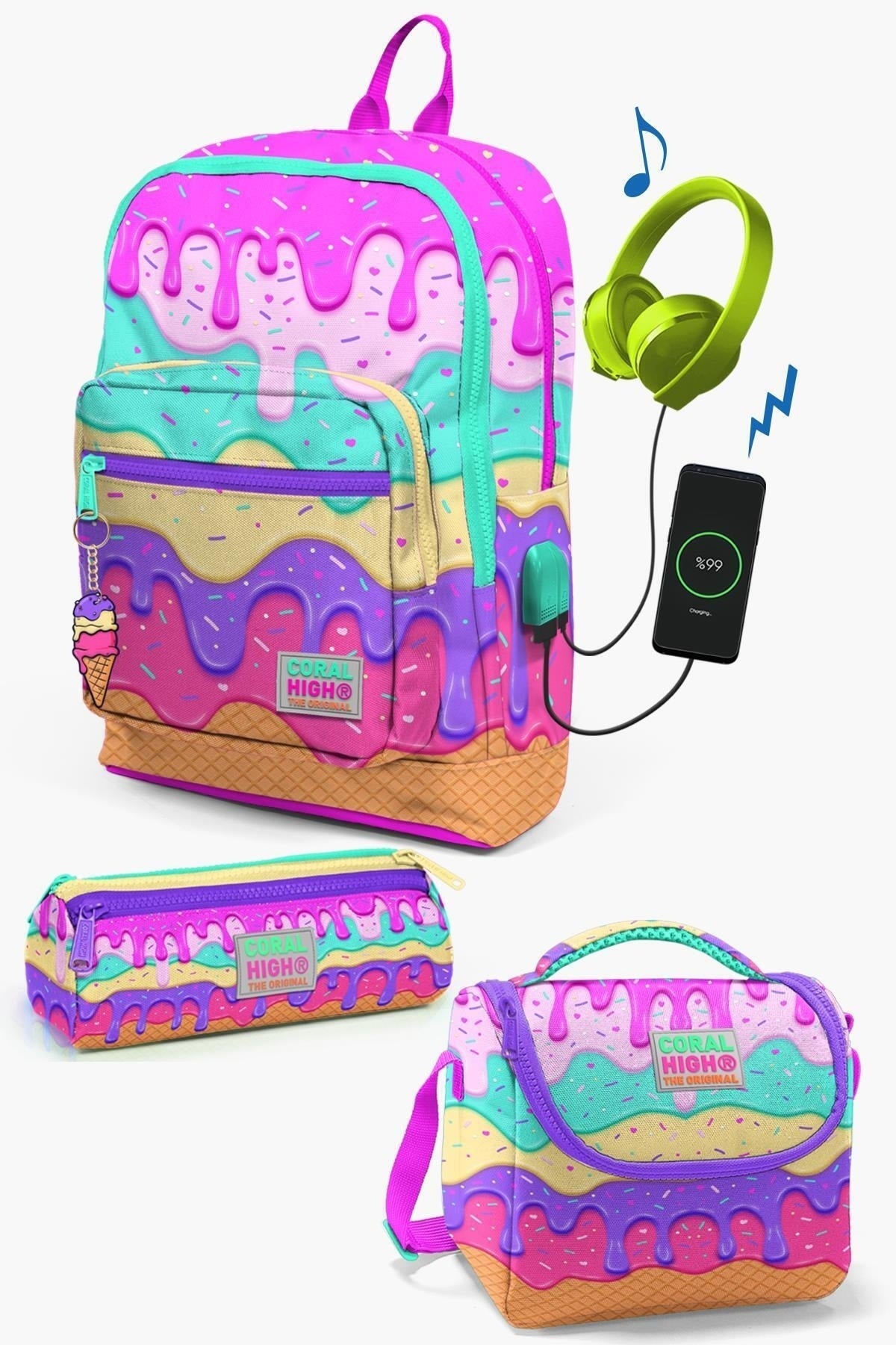 Kids Pink Colorful Ice Cream Patterned Usb 3 Pcs School Bag Set Set0123831
