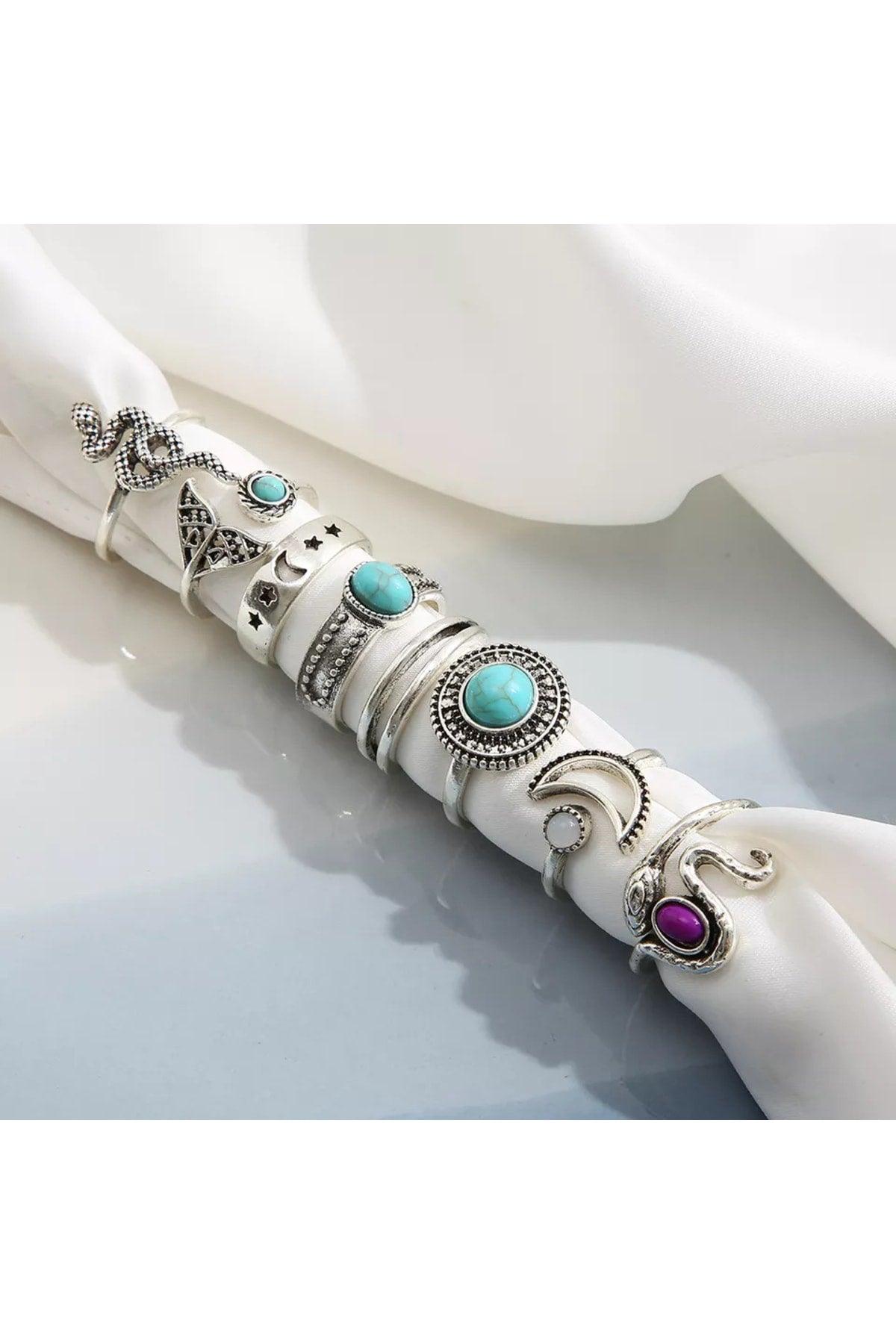 Set of 8 Women's Silver Plated Zircon Stone Design Rings - Swordslife