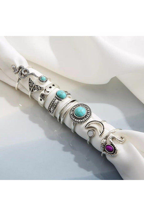 Set of 8 Women's Silver Plated Zircon Stone Design Rings - Swordslife