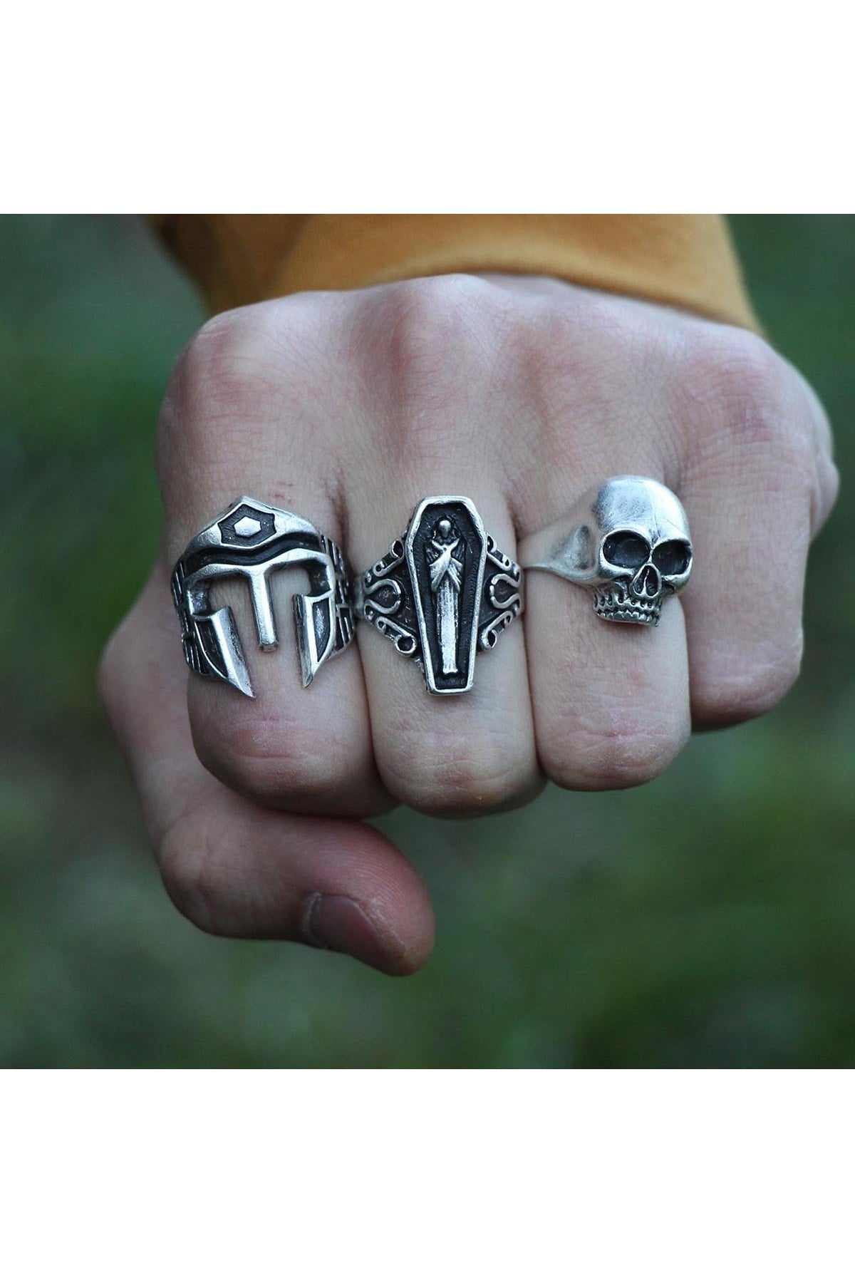 Antique Silver Plated Adjustable Model 3 Piece Men'S Ring Set