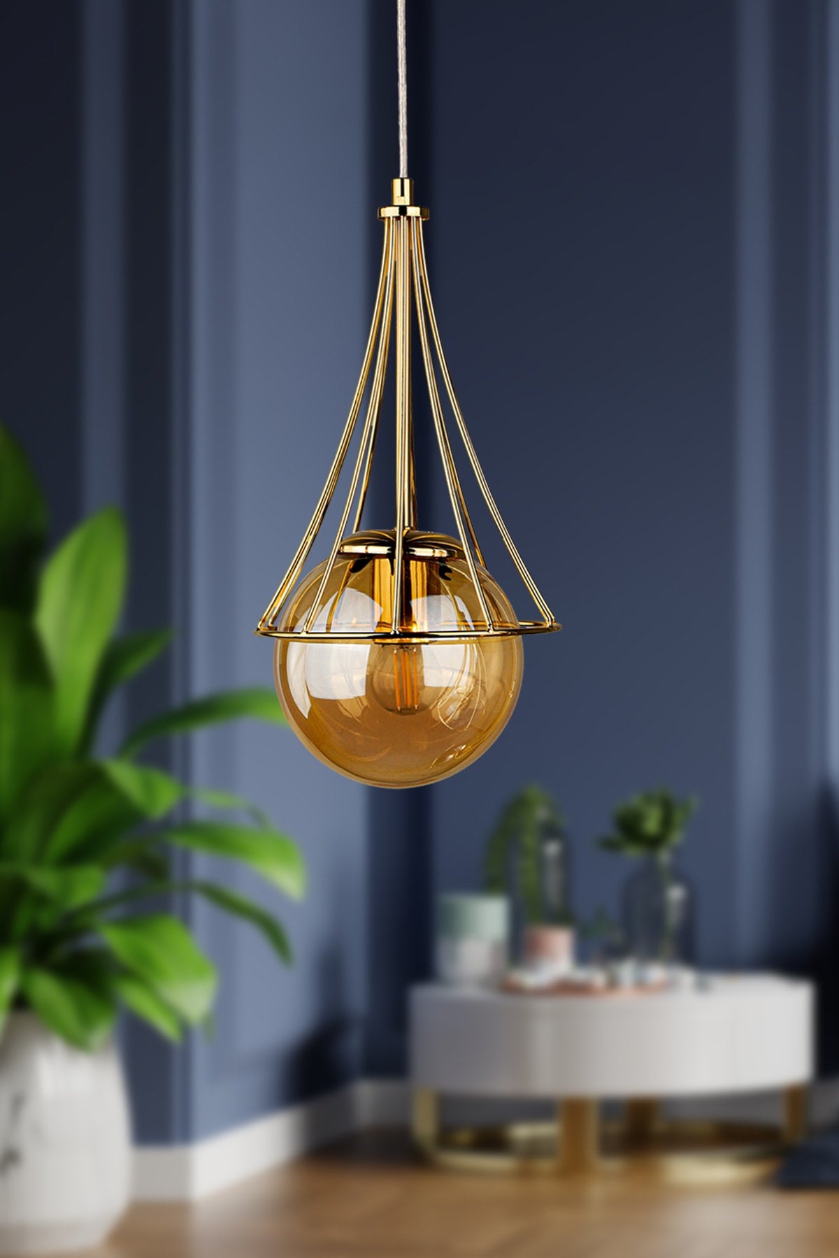 Lapis Single Chandelier Gold-Honey Glop Glass