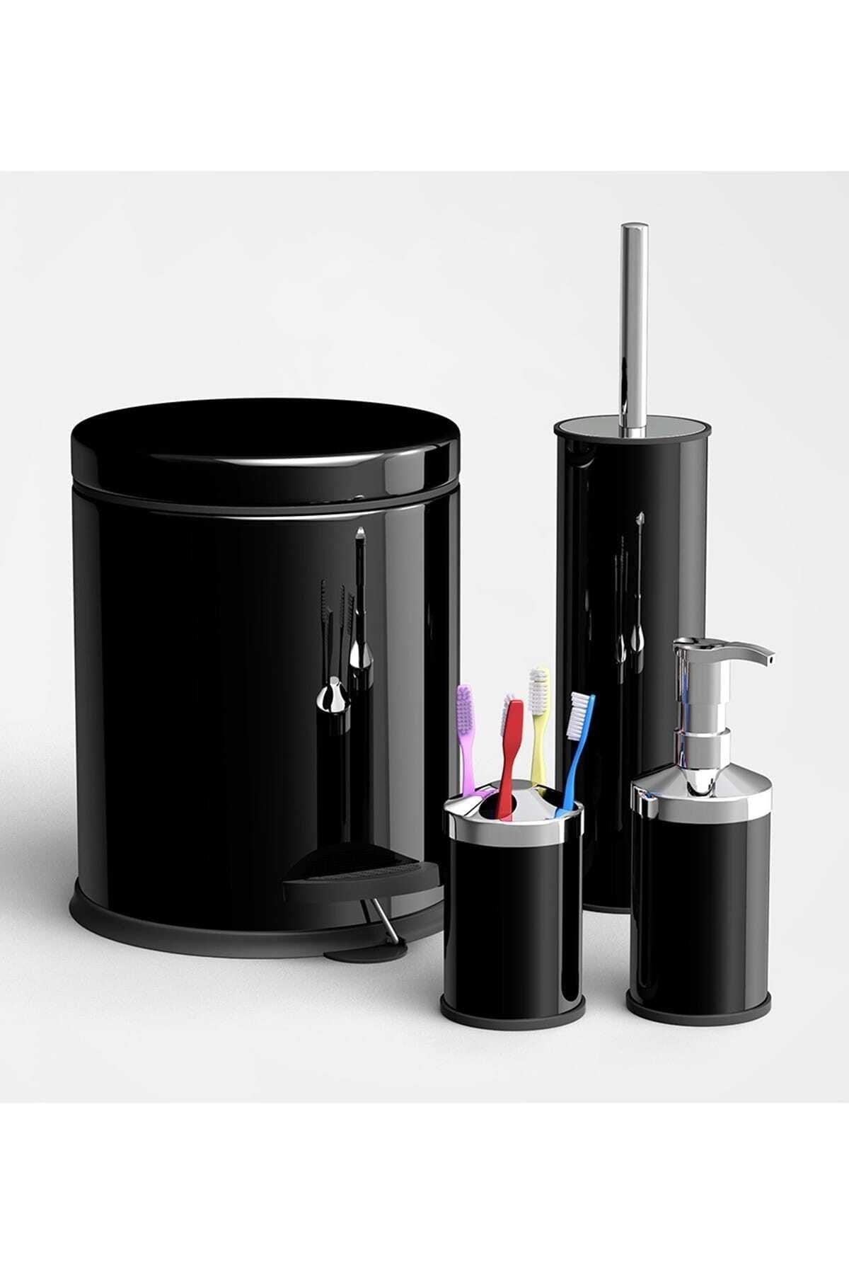 Black Steel Set of 4 3 Liter Pedal Dustbin Wc Toilet Bowl Brush Soap Dispenser Toothbrush Holder Bathroom Set - Swordslife