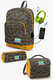 Kids Dark Gray Mustard Bat Patterned Usb 3-Piece School Bag Set Set0123821