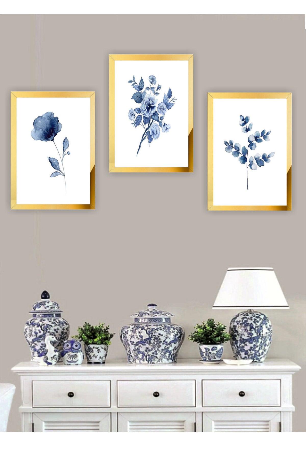 Pieces Blue Flower Home Decoration Plexi Framed Mirrored Shiny Decor Mdf Multi Table Set - Swordslife