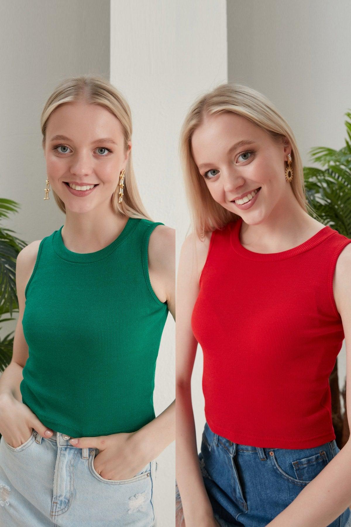 Women's Green Red Halter Neck Corduroy 2-Pack Crop Blouse - Swordslife