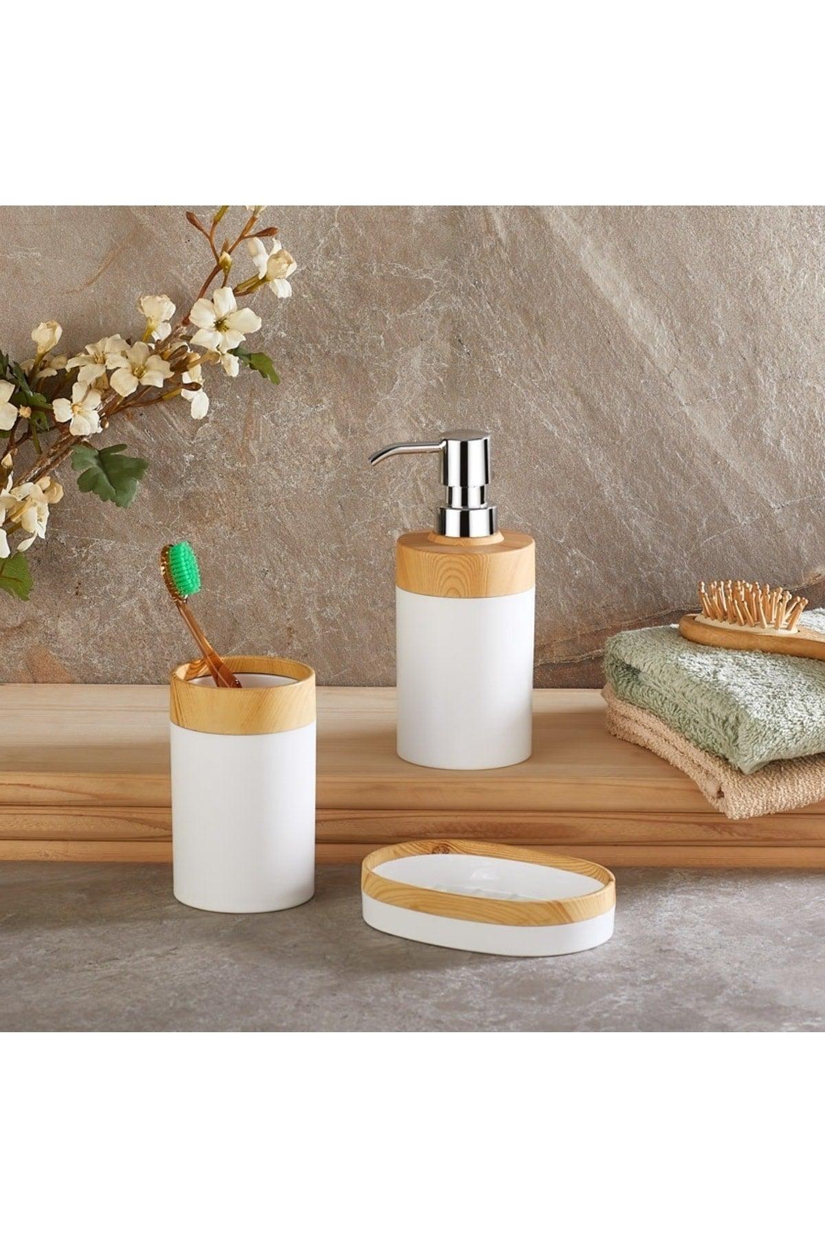 Limpia Bamboo Patterned Set of 3 Bathroom Set Liquid Soap Dispenser Liquid Soap Dispenser Solid Soap Dispenser White - Swordslife