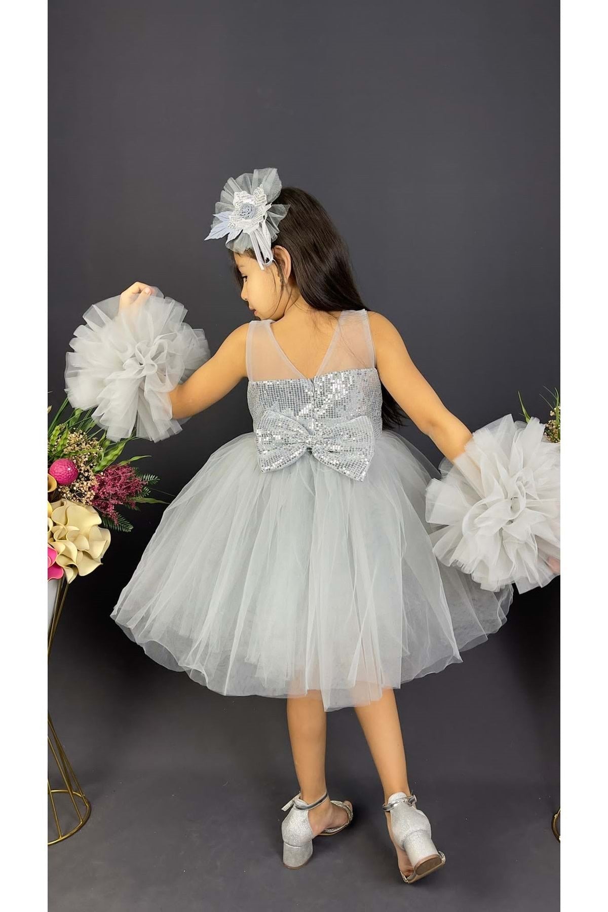 Chiffon Robe Pompom Sleeve Sequined Girls Fluffy Skirt Tulle Evening Dress Gray