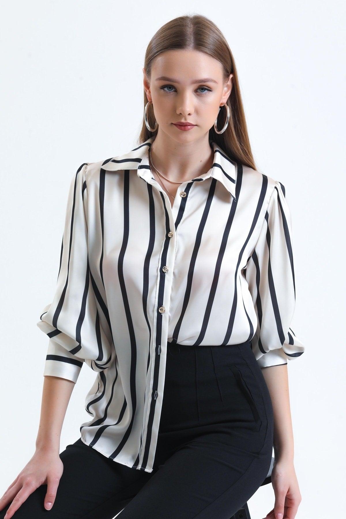 Women's Black Balloon Sleeve Ruffle Detailed Oversize Striped Satin Shirt - Swordslife