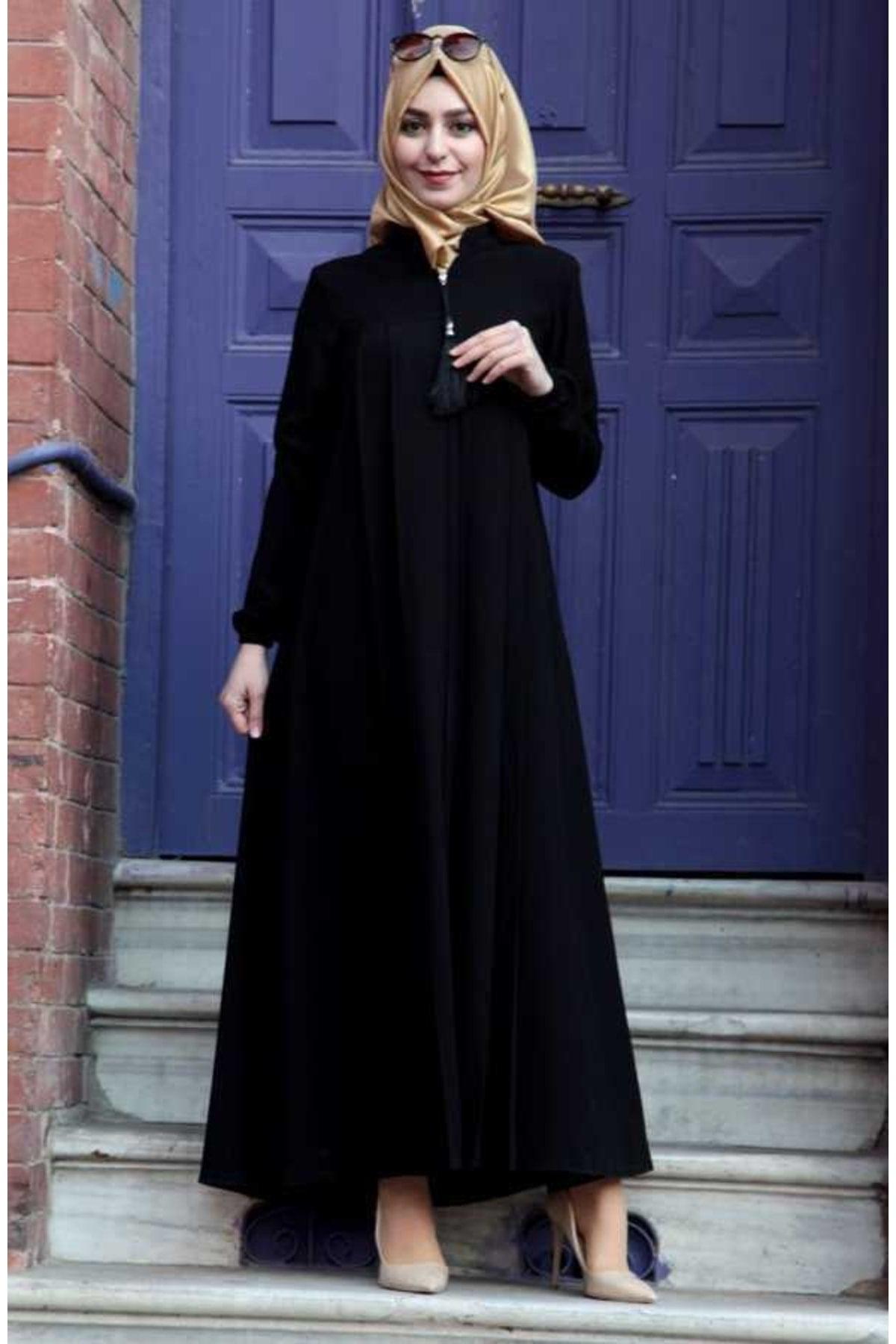 Medina Silk Hijab Pleat Detailed Abaya Mdc-0165 Black - Swordslife