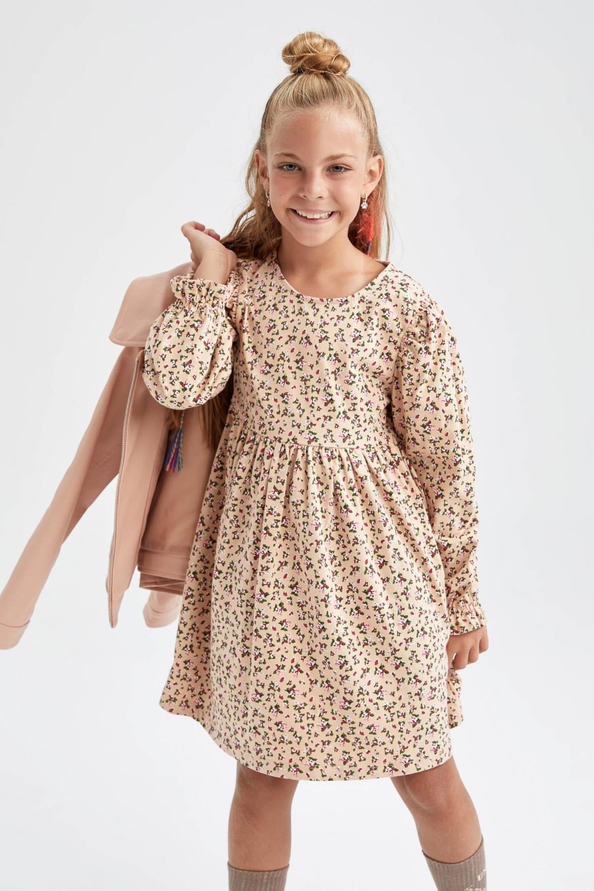 Girl Crew Neck Floral Long Sleeve Dress