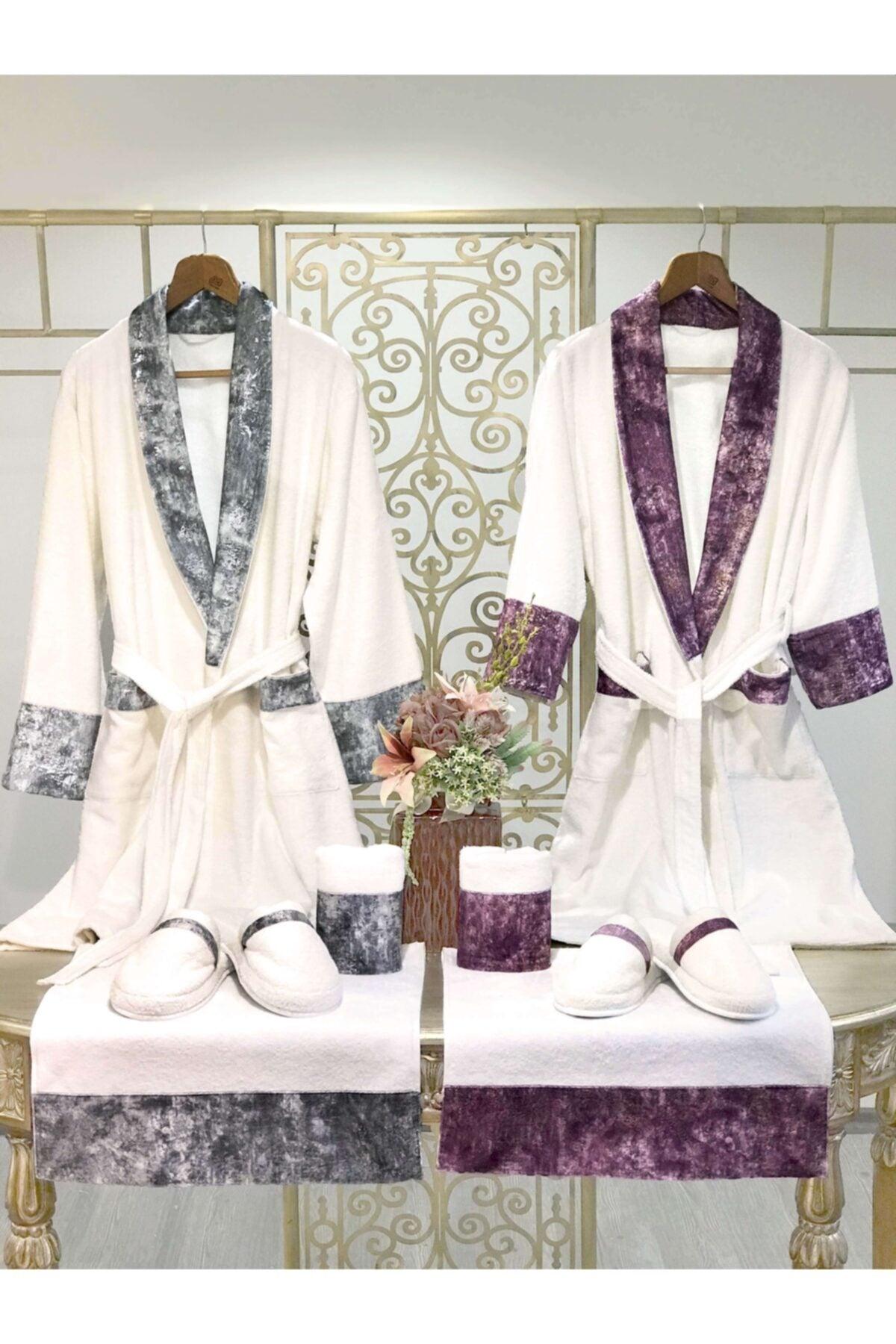 Ela Velvet Ecru Family Bathrobe Set, Organic Bamboo And Cotton, Handmade Special Design 8 Pieces - Swordslife