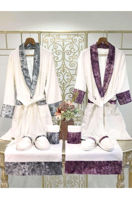 Ela Velvet Ecru Family Bathrobe Set, Organic Bamboo And Cotton, Handmade Special Design 8 Pieces - Swordslife