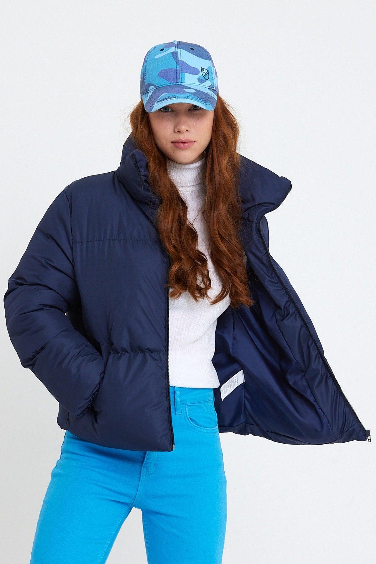 Women's Navy Blue Owersize Filled Inflatable Waterproof Coat Tbg069 - Swordslife