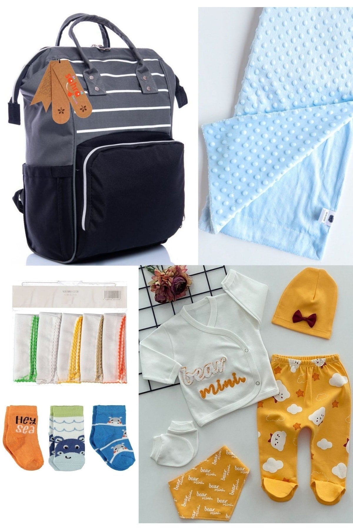 5 Piece Maternity Set (Baby Care Backpack, Hospital Exit, Chickpea Blanket, 10 Wipes and 3 Socks)