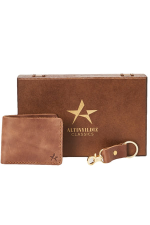 Men'S Brown 100% Genuine Leather Wallet Keychain