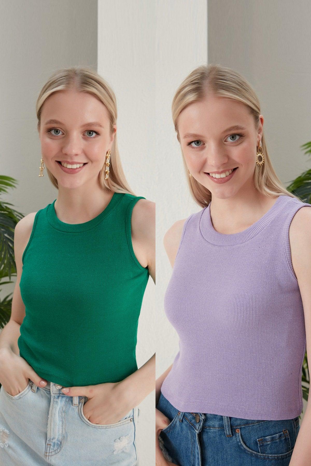 Women's Green Lilac Halter Neck 2 Piece Crop Blouse - Swordslife