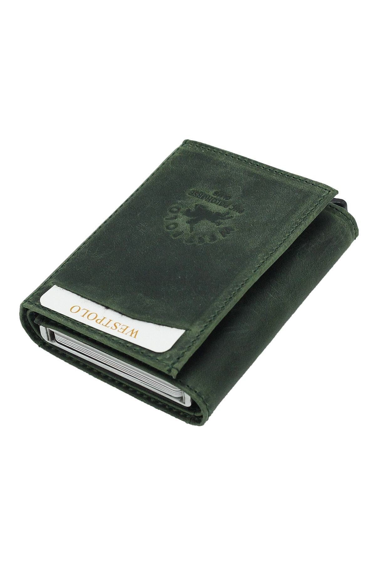 Men'S Green Genuine Leather Mechanism Wallet