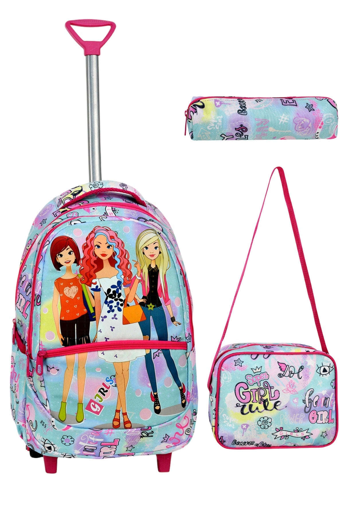 3-pack School Set with Squeegee, Girl Patterned Primary School Bag + Lunch Box + Pencil Holder