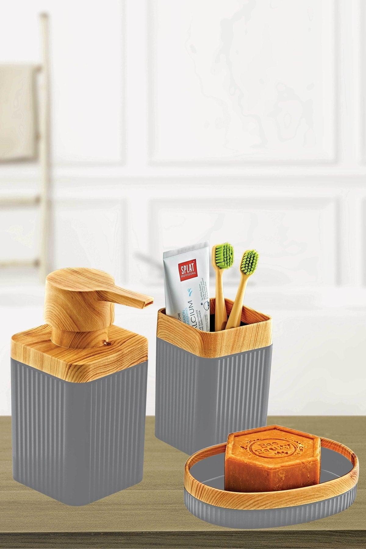 3 Pcs Wooden Coated Luxury Bathroom Set Gray - Swordslife