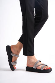 Women'S Black Flat Sole Stone Stylish Slippers Wsb0494