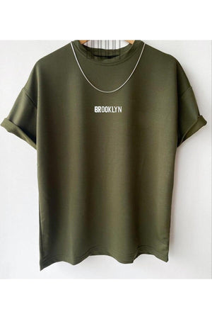 Black Street Men'S Khaki Brooklyn Printed Oversize Crew Neck Short Sleeved Tshirt