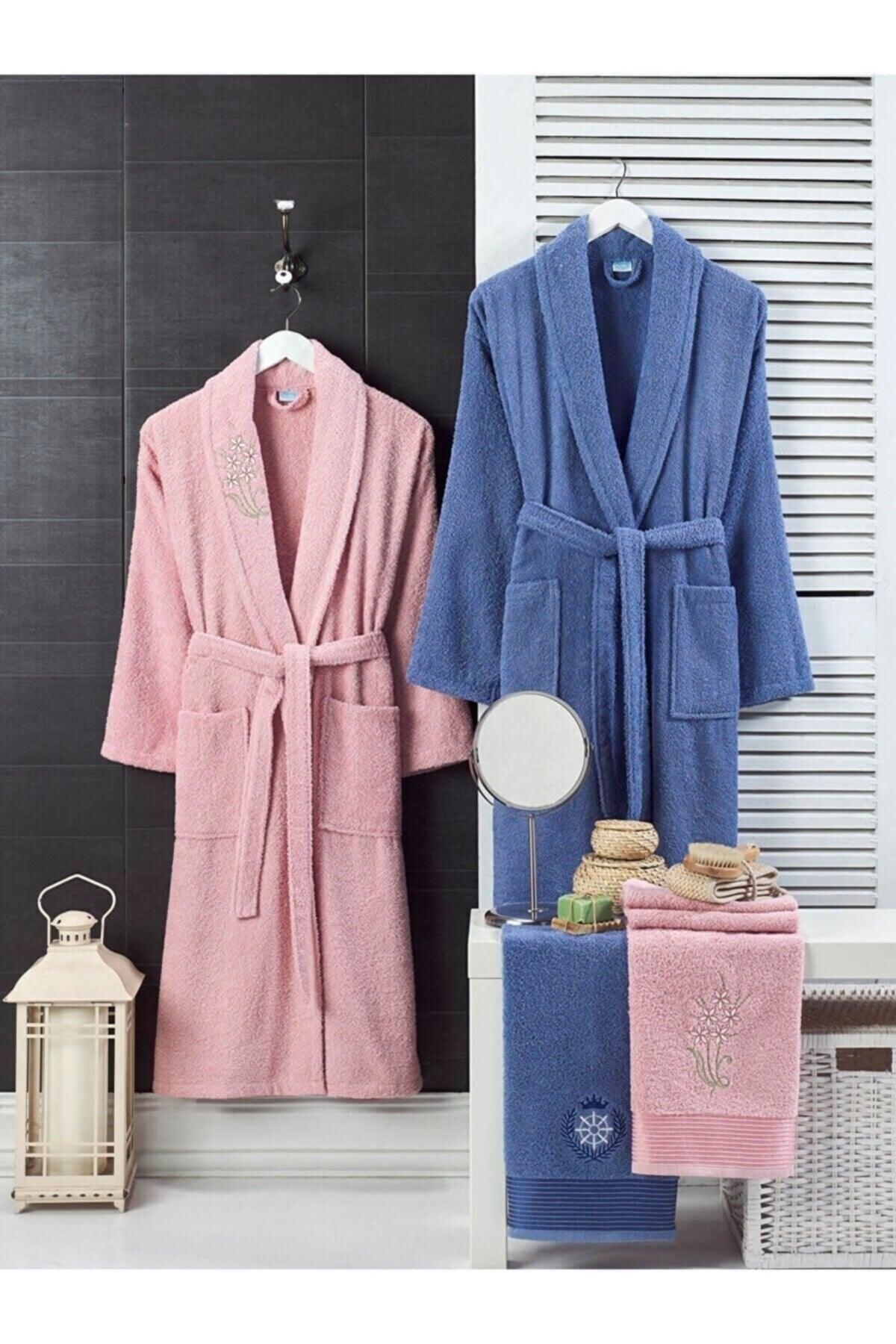 4 Piece Family Bathrobe Set Women Men Towel Bathrobe Set Navy Blue Pink - Swordslife